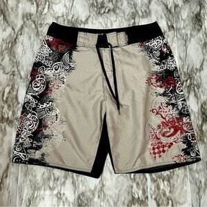 Stylish Men's Swim Shorts - Black and Red Graphic Design Y2K Board Shorts  Vacay